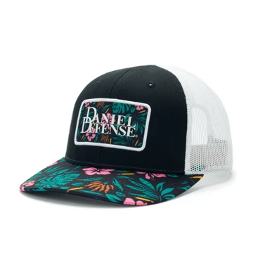 Hawaiian trucker hat with a white mesh back and a Daniel Defense patch on the front
