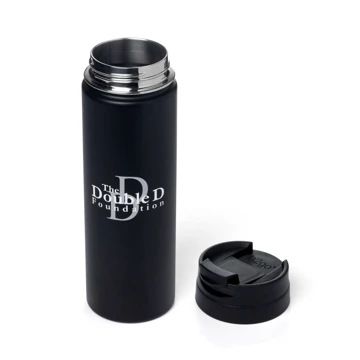 Black tumbler with a silver version f the DD logo on the front