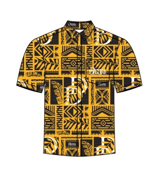 Image of a Hawaiian Button Up with a Daniel Defense logo on it