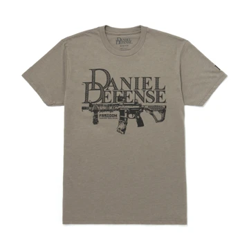 Gray t-shirt written Daniel Defense in black over the chest area, with a firearms image under it