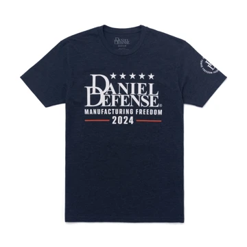 Image of a midnight navy short sleeve tee with a Daniel Defense design on the chest, and the Daniel Defense logo on the left sleeve