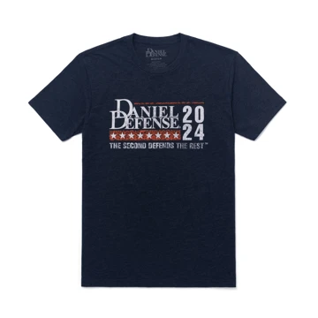 Image of a midnight navy short sleeve tee with a Daniel Defense election themed design on it