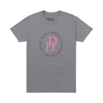 Grey T-Shirt with a Breast Cancer Awareness design and the Daniel Defense logo