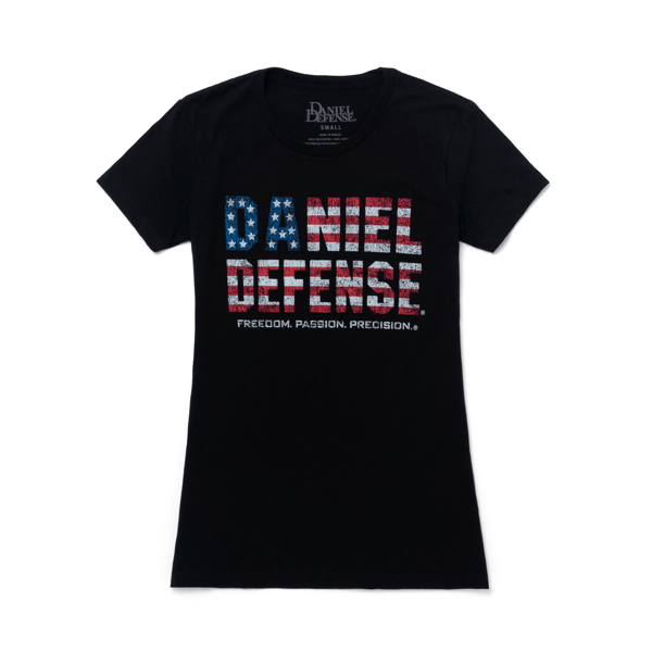 Black ladies t-shirt with Daniel Defense written with the texture of the American flag