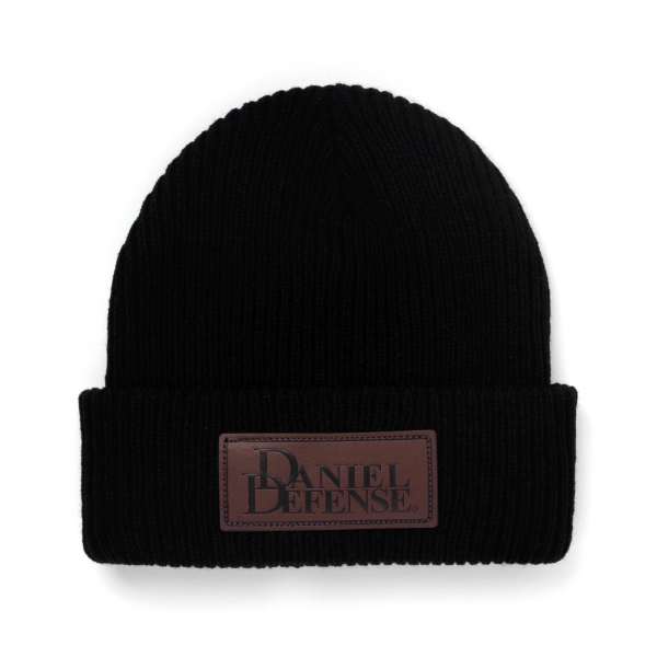 Black Woven beanie with a brown leather patch on the front with Daniel Defense logo