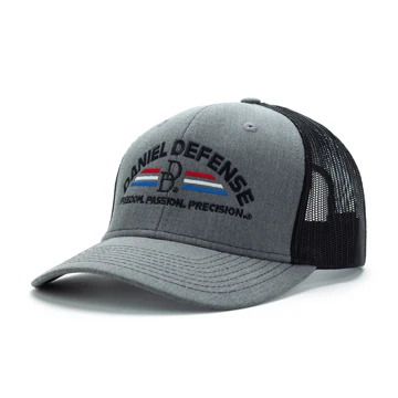 Grey hat with black mesh back with Daniel Defense logo and freedom, passion, precision design