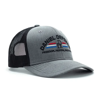 Grey hat with black mesh back with Daniel Defense logo and freedom, passion, precision design