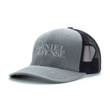 Grey hat with mesh black back and Daniel Defense embroidered on the front