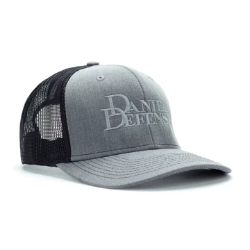 Grey hat with mesh black back and Daniel Defense embroidered on the front