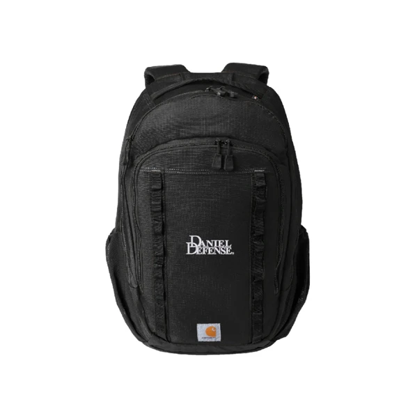 Black Carhartt backpack with the Daniel Defense logo embroidered on the front