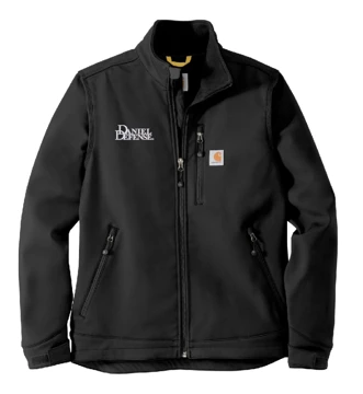 Black Carhartt soft shell jacket with Daniel Defense logo embroidered on the left chest