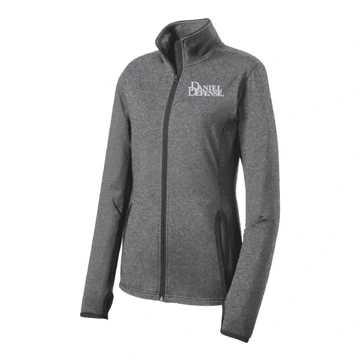 Grey ladies full zip jacket with the Daniel Defense logo embroidered on the left chest