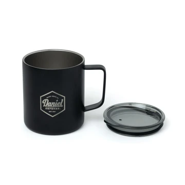 Black stainless steel mug with lid and Daniel Defense logo laser engraved on the front