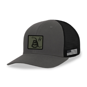 Grey and black mesh trucker hat with snake design and Daniel Defense logo on patch