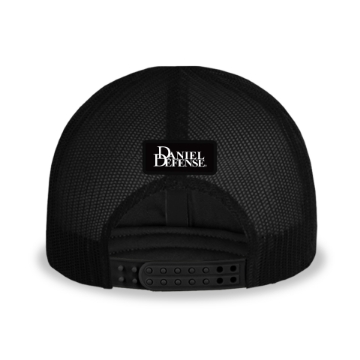 Grey and black mesh trucker hat with snake design and Daniel Defense logo on patch