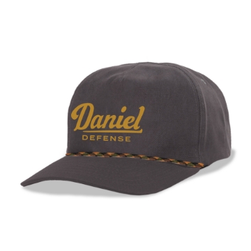 Grey flat bill hat with Daniel Defense logo on front