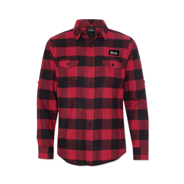 Red and black flannel button up with the Daniel Defense logo embroidered on the left chest