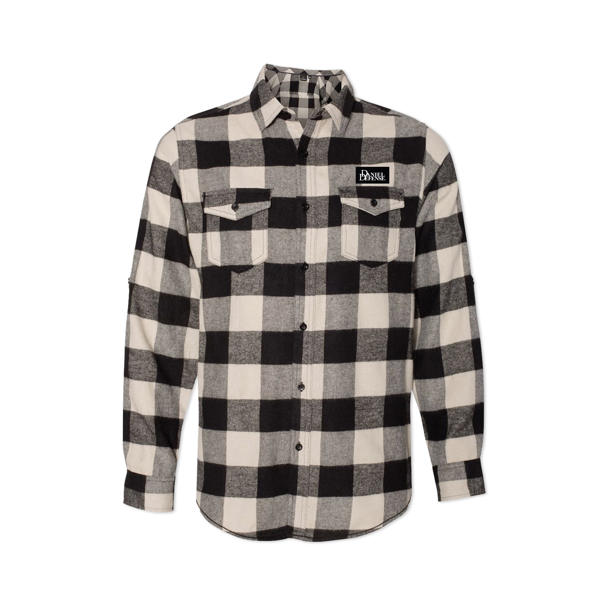 White and black button up flannel with Daniel Defense embroidered on the left chest