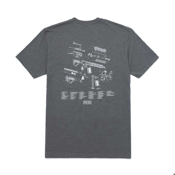 Image of a gray tee with a white Daniel Defense® RIII Blueprint design on the back