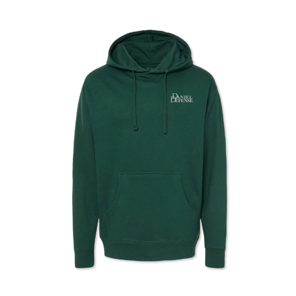 Green hooded sweatshirt with the Daniel Defense Delta 5 Pro design imprinted on the back