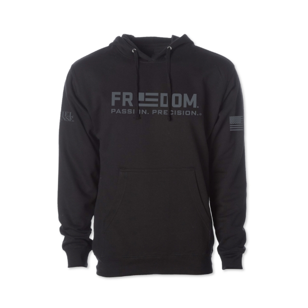 Black hooded sweatshirt with the Daniel Defense logo, American flag, and Freedom Passion Precision sologan