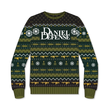 A green Holiday sweater with "Daniel Defense' in a bold white font and festive pattern with snowflakes, pine trees. 