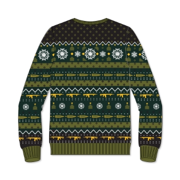 A green Holiday sweater with "Daniel Defense' in a bold white font and festive pattern with snowflakes, pine trees. 