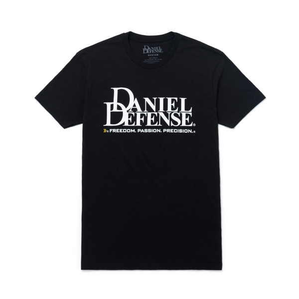 Black t-shirt with Daniel Defense written in white on the chest area