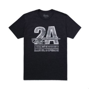 Charcoal gray t-shirt featuring the number "2A" and a stylized AR-15 rifle. The text "SHALL NOT BE INFRINGED" and "DANIEL DEFENSE" are printed underneath.