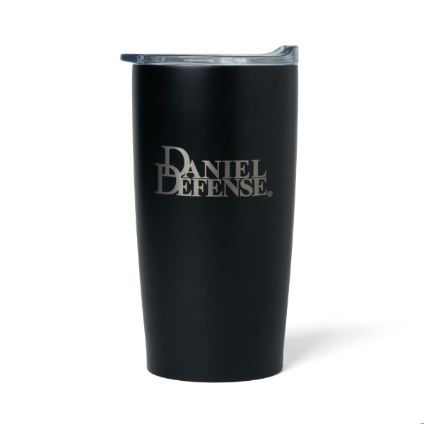 Black stainless steel tumbler with the Daniel Defense logo laser engraved