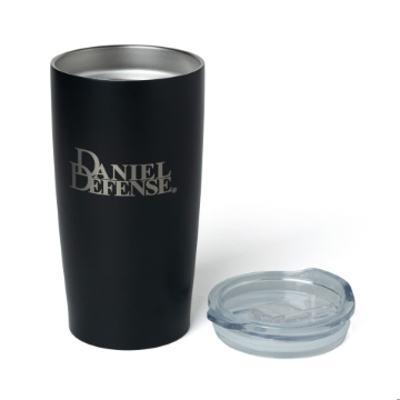 Black stainless steel tumbler with the Daniel Defense logo laser engraved