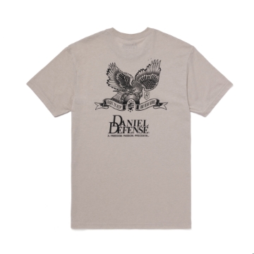 Sand colored t-shirt with Daniel Defense printed in black on the left chest.