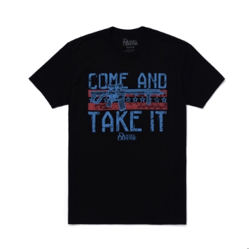 Black t-shirt with the text "COME AND TAKE IT" printed in a bold, stylized in red and blue font.