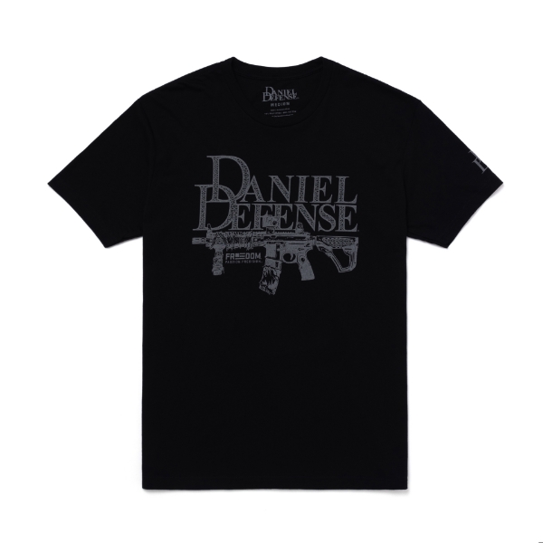 Black t-shirt with "Daniel Defense" printed in grey across the chest, featuring a stylized image of a Daniel Defense firearm below.