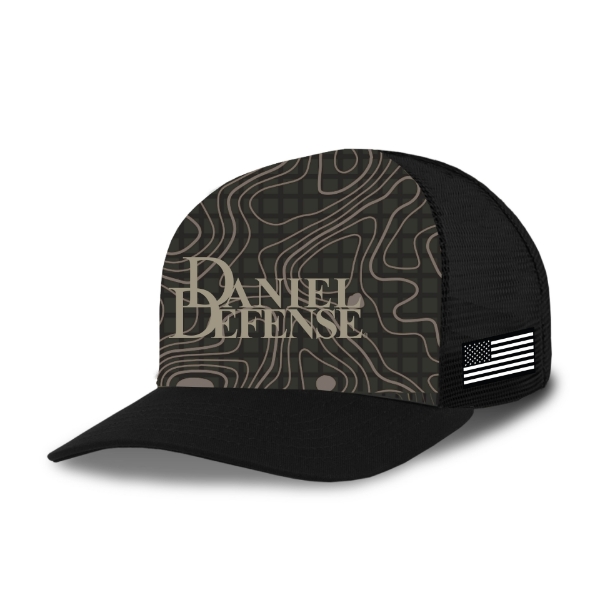 Black mesh and sublimated  trucker with a Georgia topographic design and the Daniel Defense logo imprinted on the front