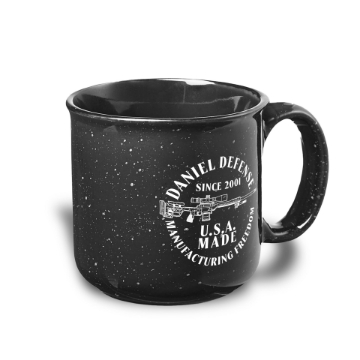 Black speckled mug with the Daniel Defense Delta 5 Pro design imprinted on the front