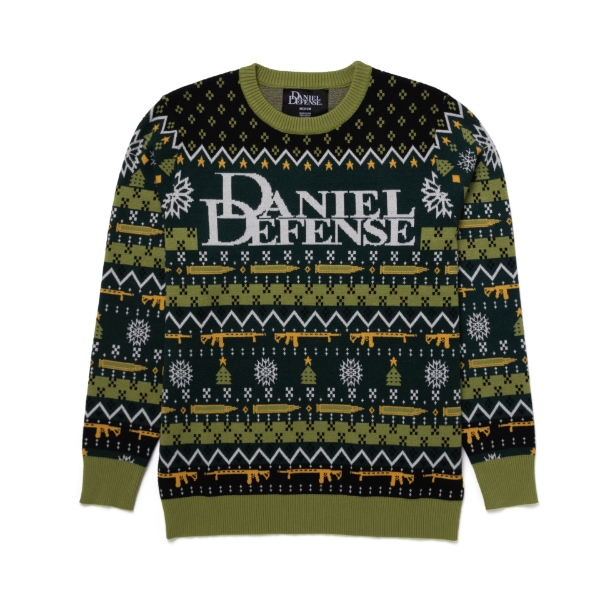 A green holiday sweater with the Daniel Defense logo on the front with a snowflake and pine tree pattern