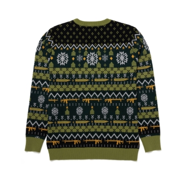 A green holiday sweater with the Daniel Defense logo on the front with a snowflake and pine tree pattern