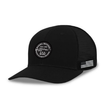 Black trucker hat with mesh back and the Daniel Defense logo and the Delta 5 Pro on the front patch