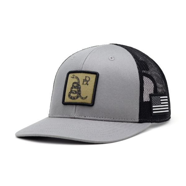 Grey and black mesh trucker hat with snake design and Daniel Defense logo on patch