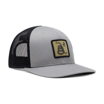 Grey and black mesh trucker hat with snake design and Daniel Defense logo on patch