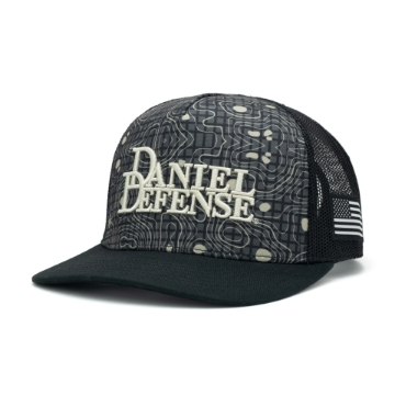 Black mesh and sublimated trucker with a Georgia topographic design and the Daniel Defense logo imprinted on the front