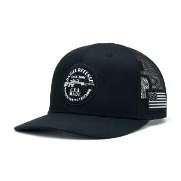 Black trucker hat with mesh back and the Daniel Defense logo and the Delta 5 Pro on the front patch