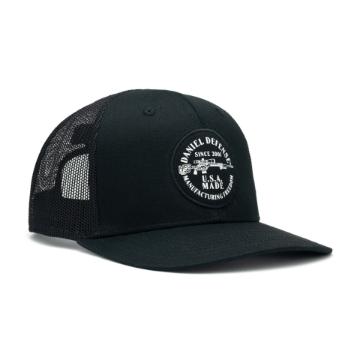 Black trucker hat with mesh back and the Daniel Defense logo and the Delta 5 Pro on the front patch