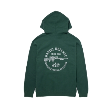 Green hooded sweatshirt with the Daniel Defense Delta 5 Pro design imprinted on the back