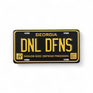 Black license plate with Daniel Defense logo