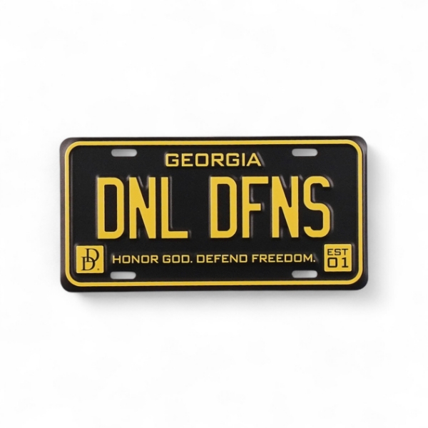 Black license plate with Daniel Defense logo