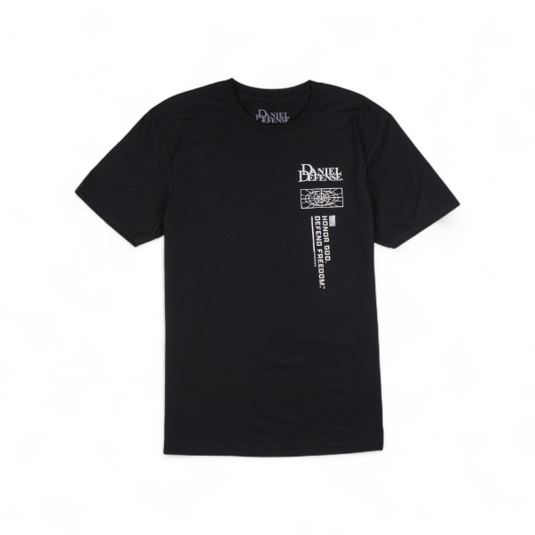 Black womens T-Shirt Daniel Defense Honor God. Defend Freedom. slogan screen printed on the front