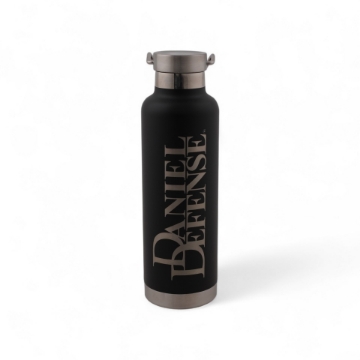 Black stainless steel water bottle with the Daniel Defense logo laser engraved horizontal