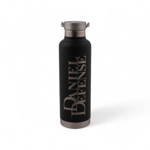 Black stainless steel water bottle with the Daniel Defense logo laser engraved horizontal